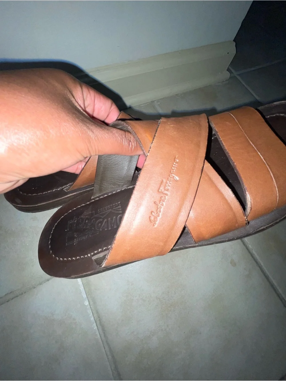 Salvatore Ferragamo Mens Brown Leather Sandals with  Logo Slip On 7D Unisex w9